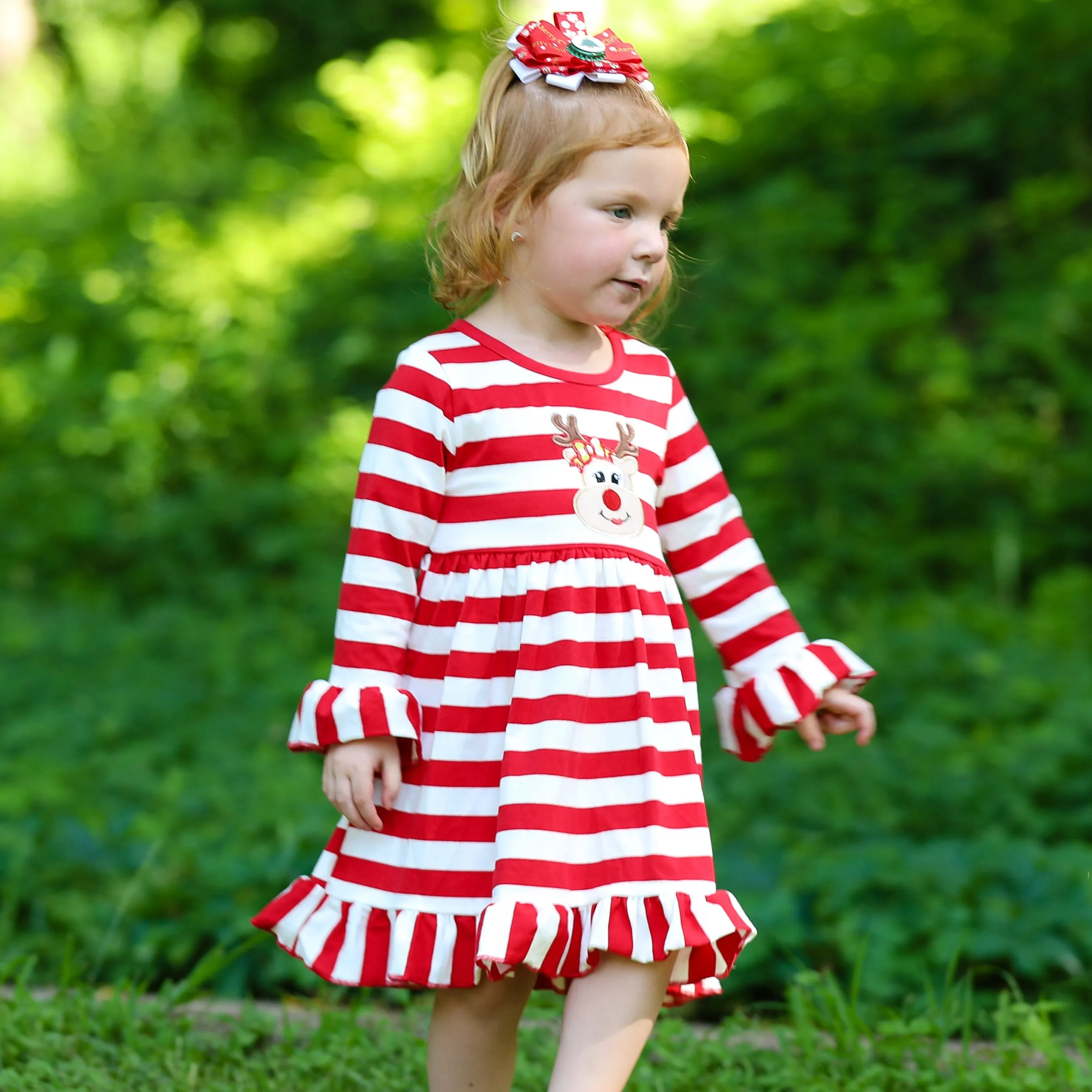 AnnLoren Girls Boutique Red Stripe Christmas Rudolf the Reindeer Swing Dress