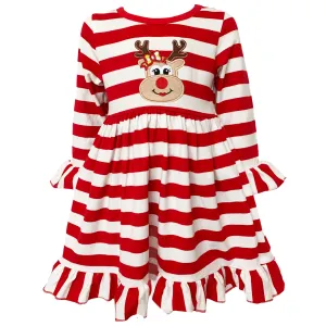 AnnLoren Girls Boutique Red Stripe Christmas Rudolf the Reindeer Swing Dress