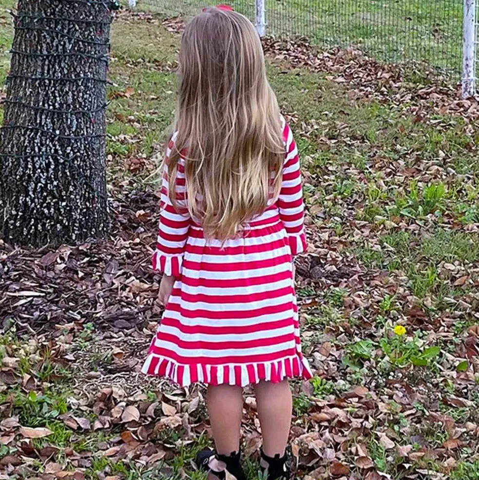 AnnLoren Girls Boutique Red Stripe Christmas Rudolf the Reindeer Swing Dress