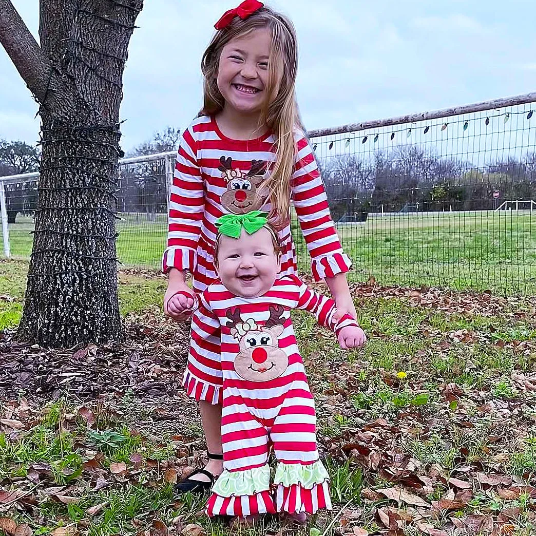 AnnLoren Girls Boutique Red Stripe Christmas Rudolf the Reindeer Swing Dress