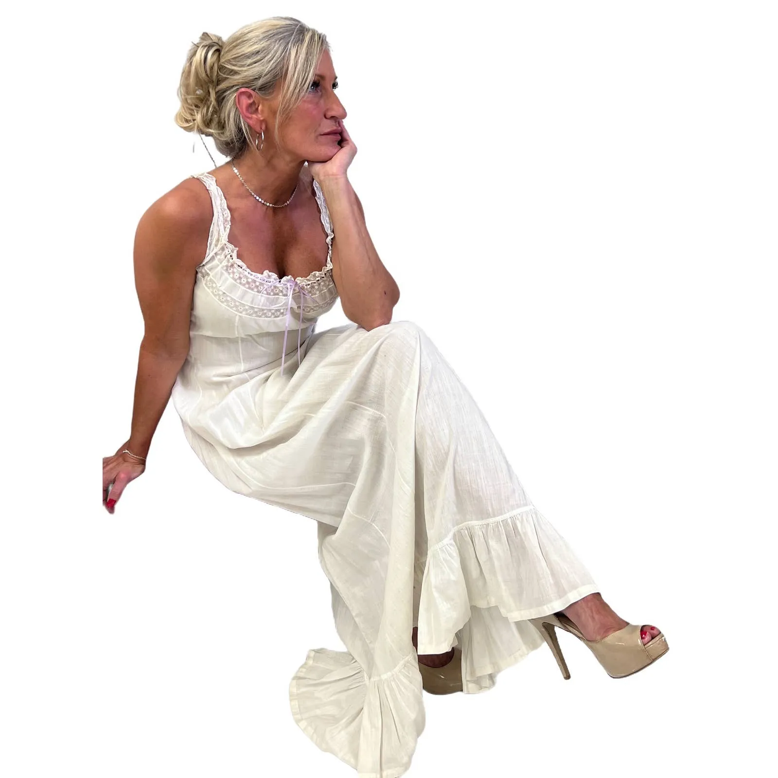 Antique White Cotton Lawn Long Chemise Victorian S/M