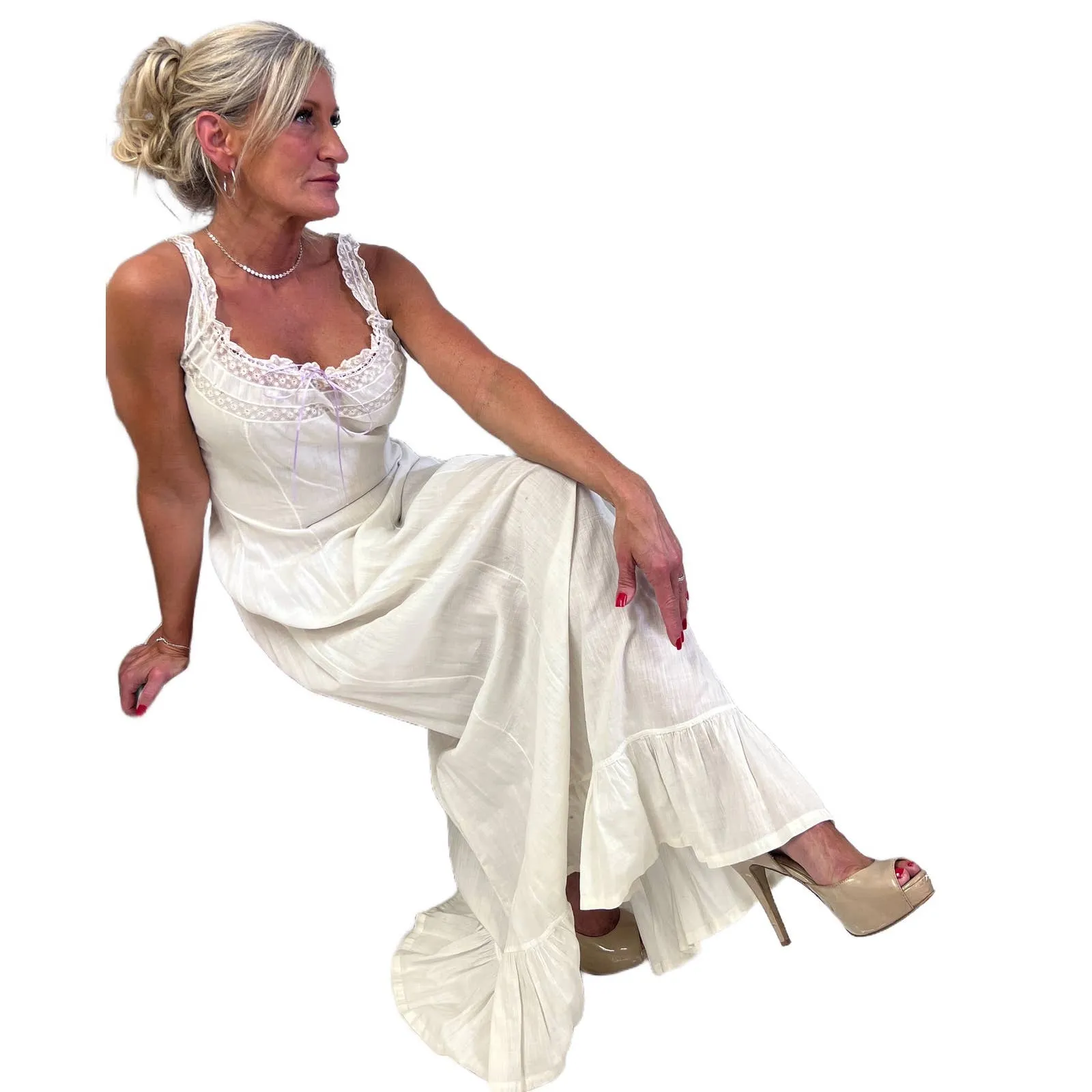 Antique White Cotton Lawn Long Chemise Victorian S/M