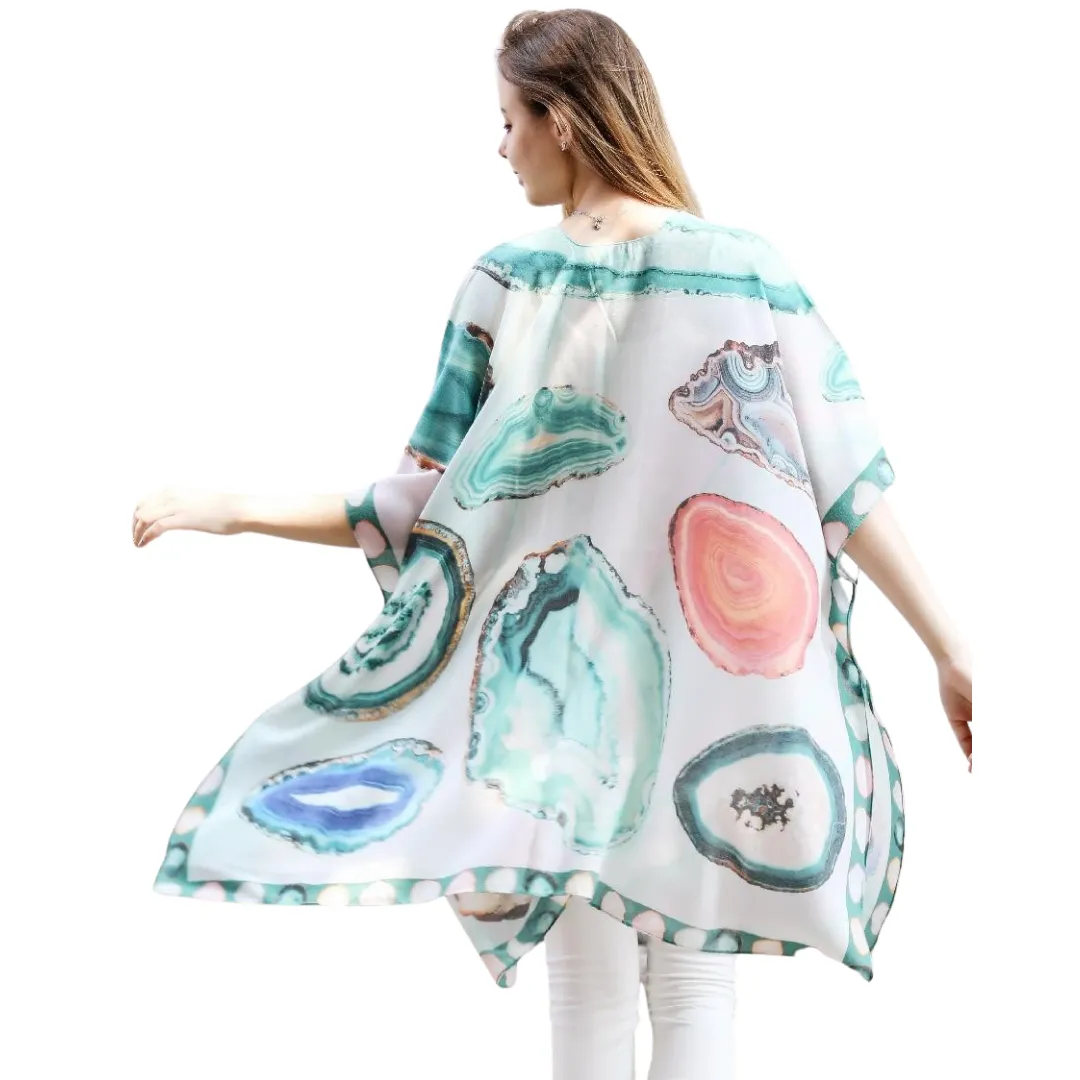 Aqua Crystal Stone Print Sheer Kimono