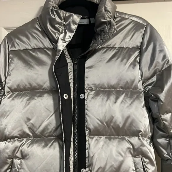 ATHLETA Silver Puffer Jacket Metallic Goose Down Zip size M