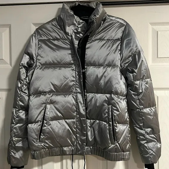 ATHLETA Silver Puffer Jacket Metallic Goose Down Zip size M