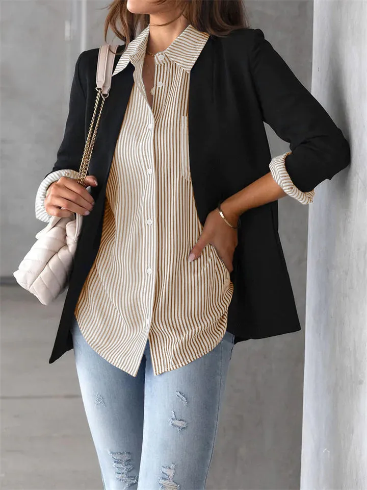 Autumn Leisure Stripe Lapel Long Sleeve Plus Size Women Blouses