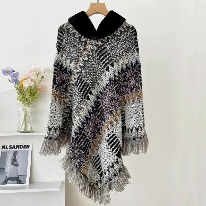 Autumn Winter  Capes National Knitted Cloak Women New Pullover Cloak Tassel Warm Shawl Imitation Wool Collar Ponchos