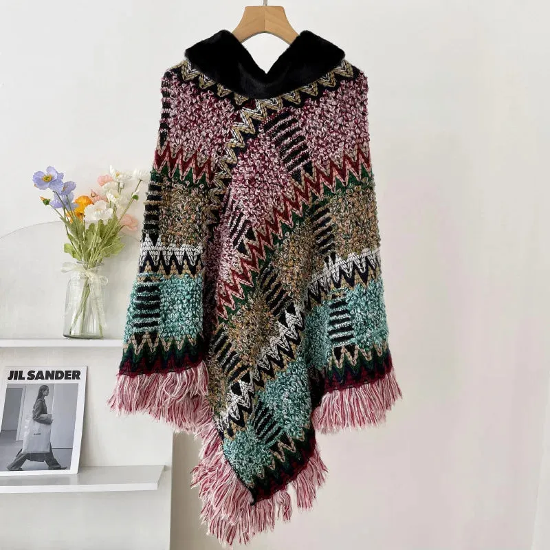 Autumn Winter  Capes National Knitted Cloak Women New Pullover Cloak Tassel Warm Shawl Imitation Wool Collar Ponchos