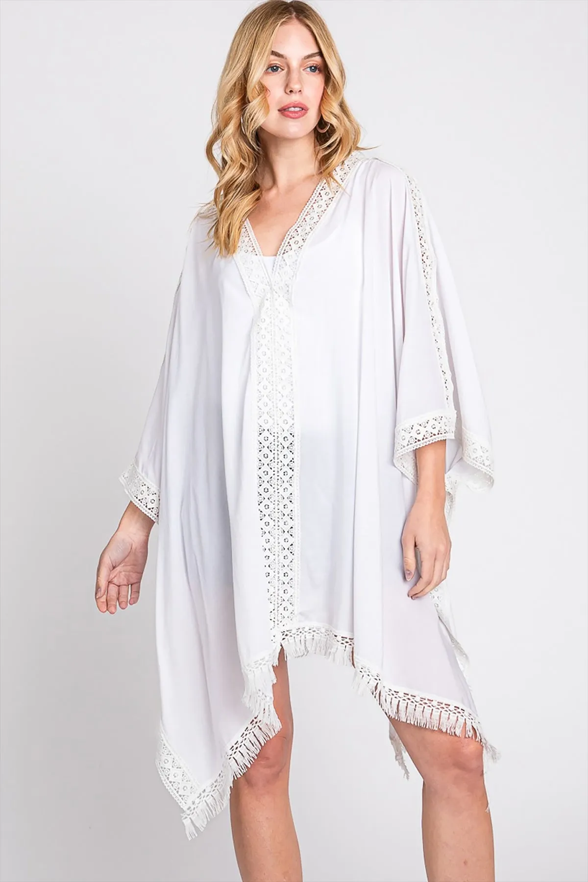 AZTEC LACE TRIM DETAIL PONCHO WITH TASSEL