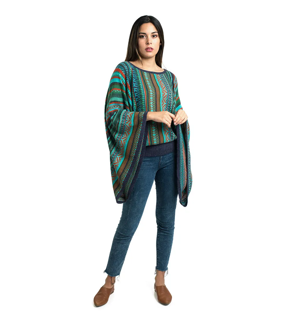 Baby Alpaca Blend Wool Kimono Sweater Poncho Knitted Lightweight Fitted Waist Wide Arms Multicolor Design Peru