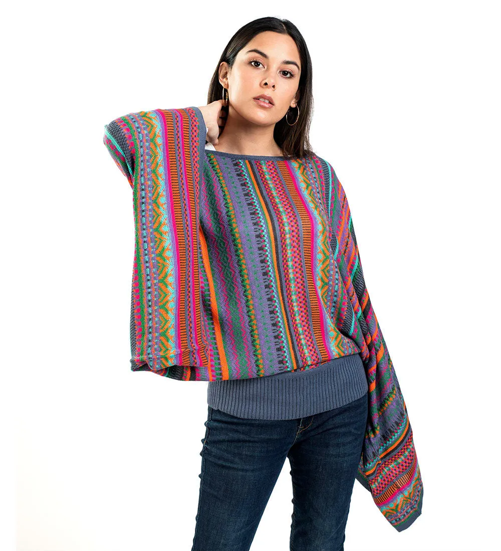 Baby Alpaca Blend Wool Kimono Sweater Poncho Knitted Lightweight Fitted Waist Wide Arms Multicolor Design Peru