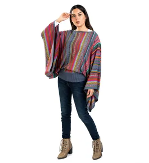 Baby Alpaca Blend Wool Kimono Sweater Poncho Knitted Lightweight Fitted Waist Wide Arms Multicolor Design Peru
