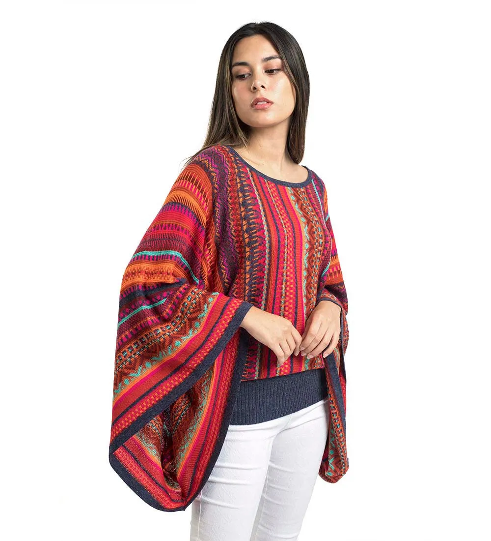 Baby Alpaca Blend Wool Kimono Sweater Poncho Knitted Lightweight Fitted Waist Wide Arms Multicolor Design Peru
