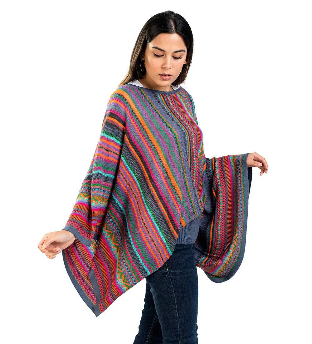 Baby Alpaca Blend Wool Kimono Sweater Poncho Knitted Lightweight Fitted Waist Wide Arms Multicolor Design Peru