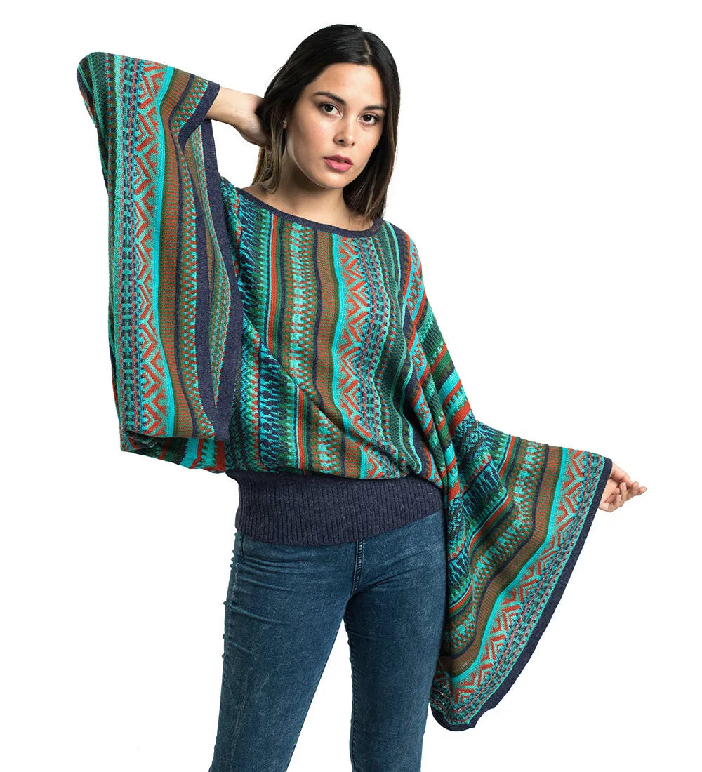Baby Alpaca Blend Wool Kimono Sweater Poncho Knitted Lightweight Fitted Waist Wide Arms Multicolor Design Peru