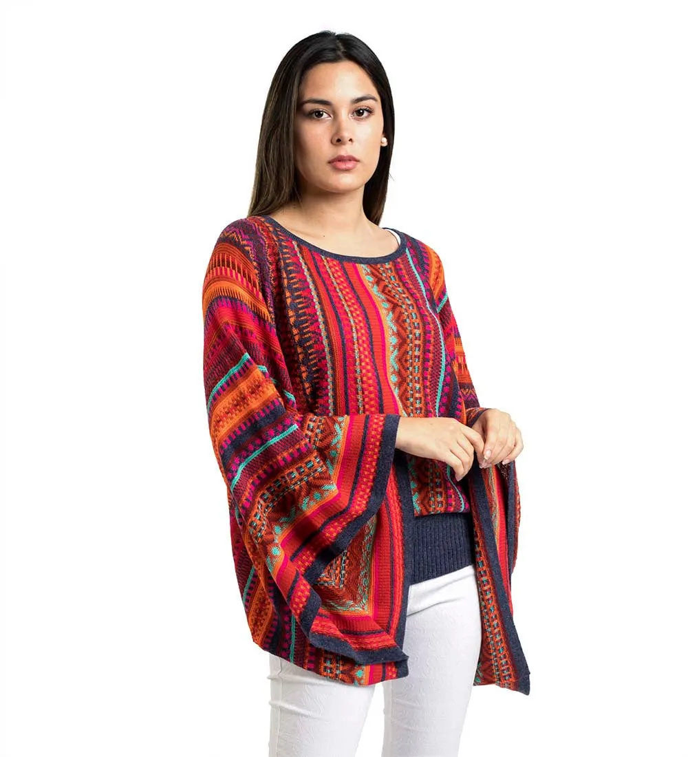 Baby Alpaca Blend Wool Kimono Sweater Poncho Knitted Lightweight Fitted Waist Wide Arms Multicolor Design Peru