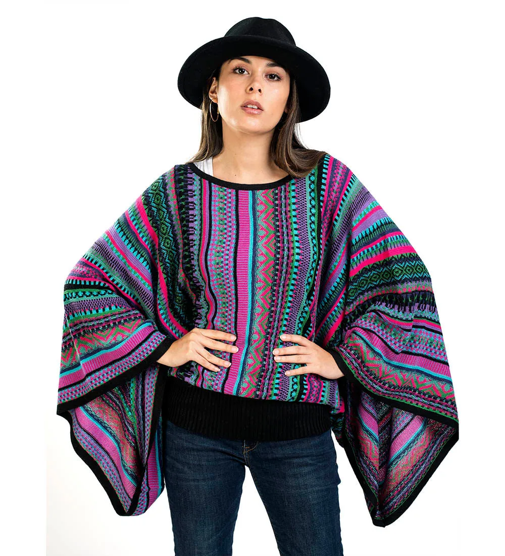 Baby Alpaca Blend Wool Kimono Sweater Poncho Knitted Lightweight Fitted Waist Wide Arms Multicolor Design Peru