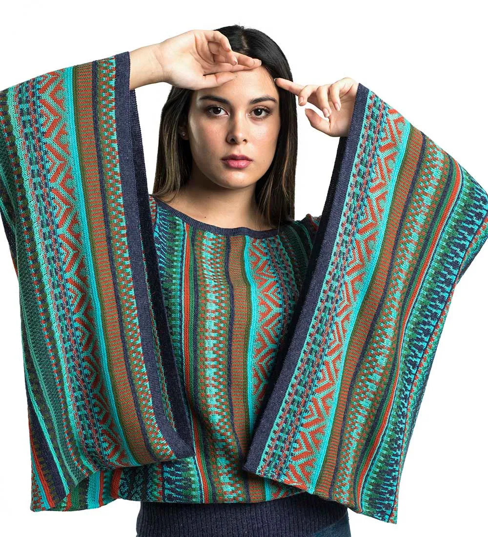 Baby Alpaca Blend Wool Kimono Sweater Poncho Knitted Lightweight Fitted Waist Wide Arms Multicolor Design Peru