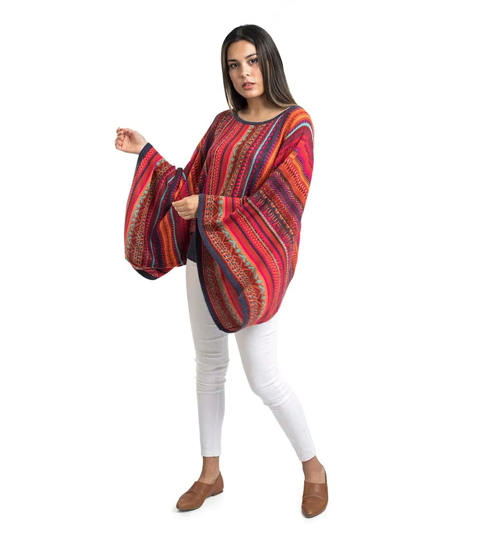 Baby Alpaca Blend Wool Kimono Sweater Poncho Knitted Lightweight Fitted Waist Wide Arms Multicolor Design Peru