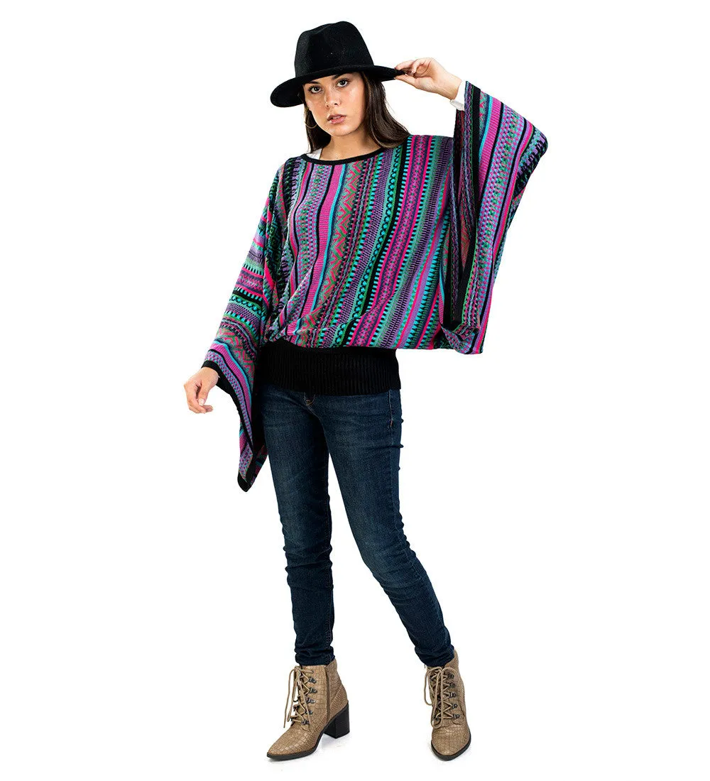 Baby Alpaca Blend Wool Kimono Sweater Poncho Knitted Lightweight Fitted Waist Wide Arms Multicolor Design Peru
