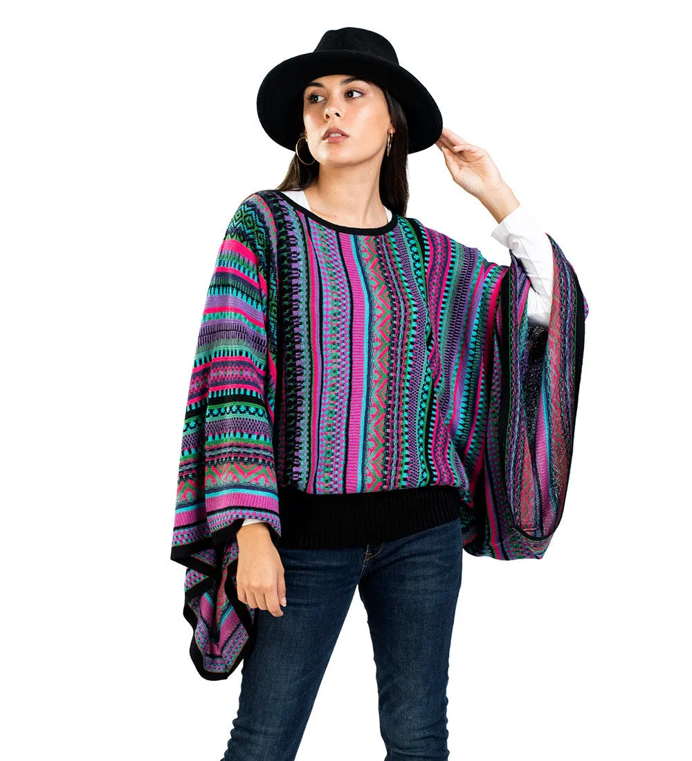 Baby Alpaca Blend Wool Kimono Sweater Poncho Knitted Lightweight Fitted Waist Wide Arms Multicolor Design Peru