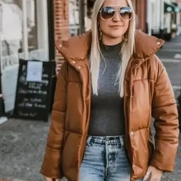 Bagatelle.nyc Oversize Faux Leather Puffer Jacket - Cognac