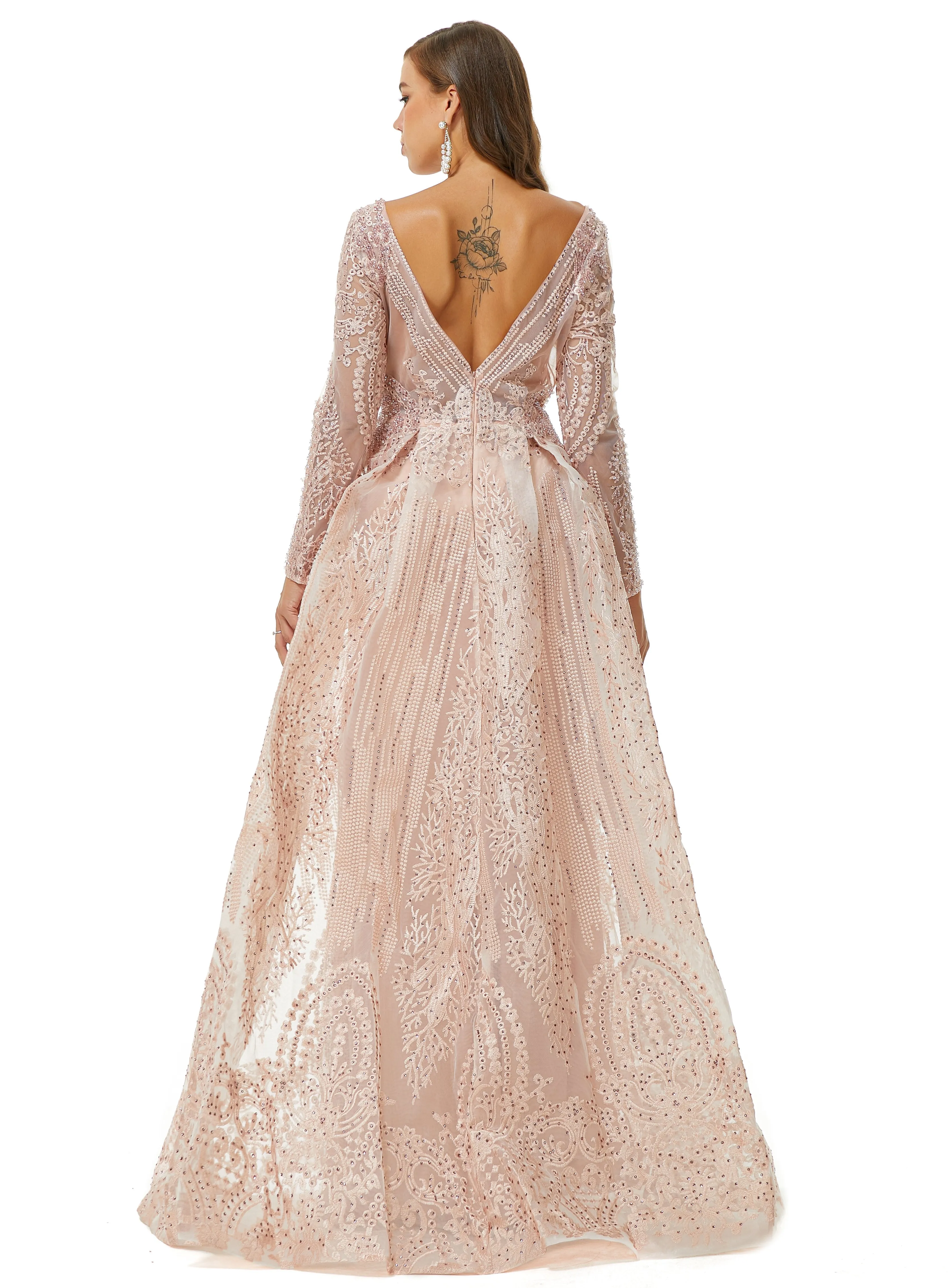 Ballbella Design | Champange Sparkle Beaded Long Sleeves Prom Dresses with Overskirt