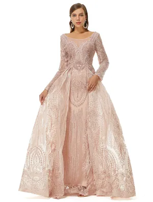 Ballbella Design | Champange Sparkle Beaded Long Sleeves Prom Dresses with Overskirt
