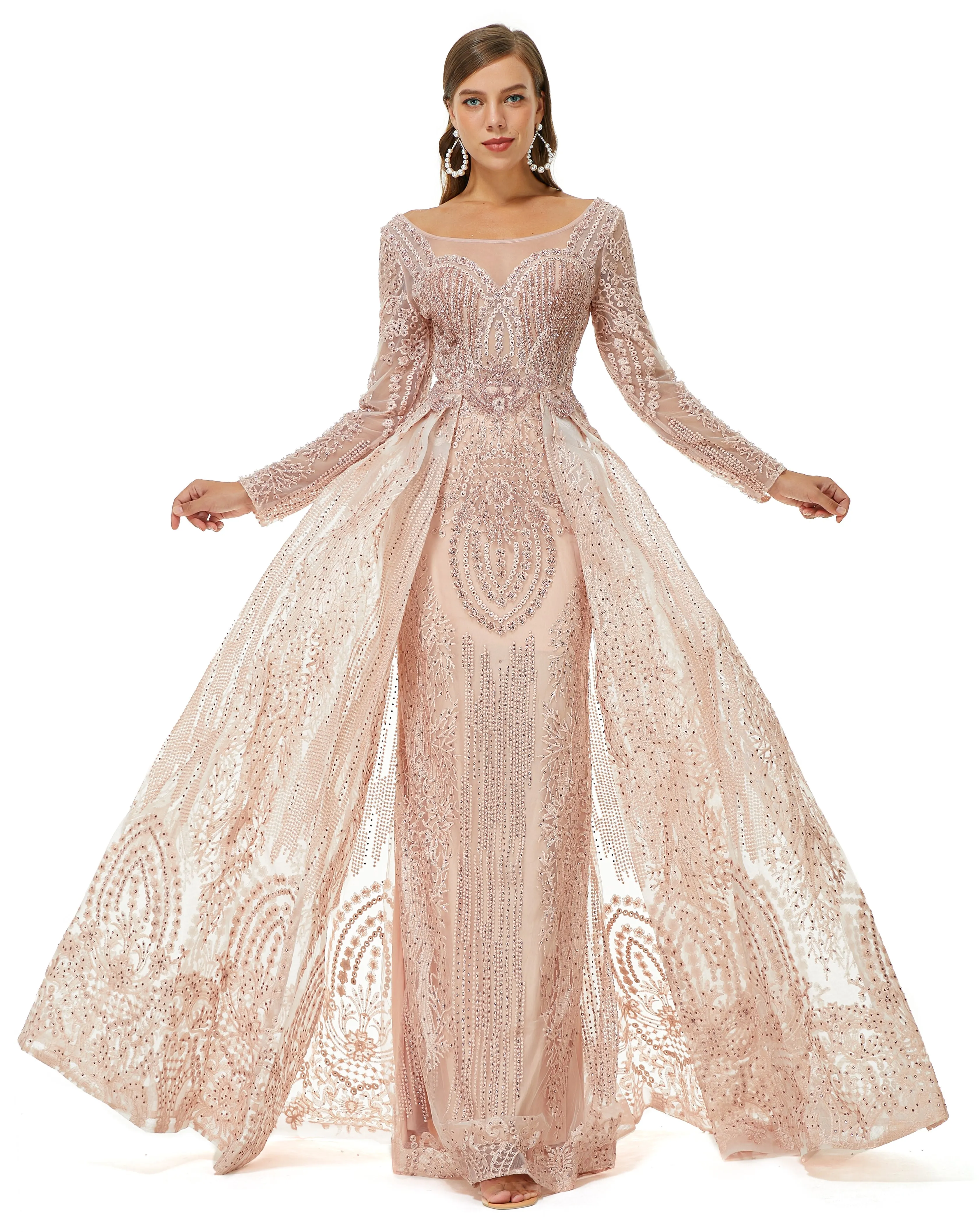 Ballbella Design | Champange Sparkle Beaded Long Sleeves Prom Dresses with Overskirt