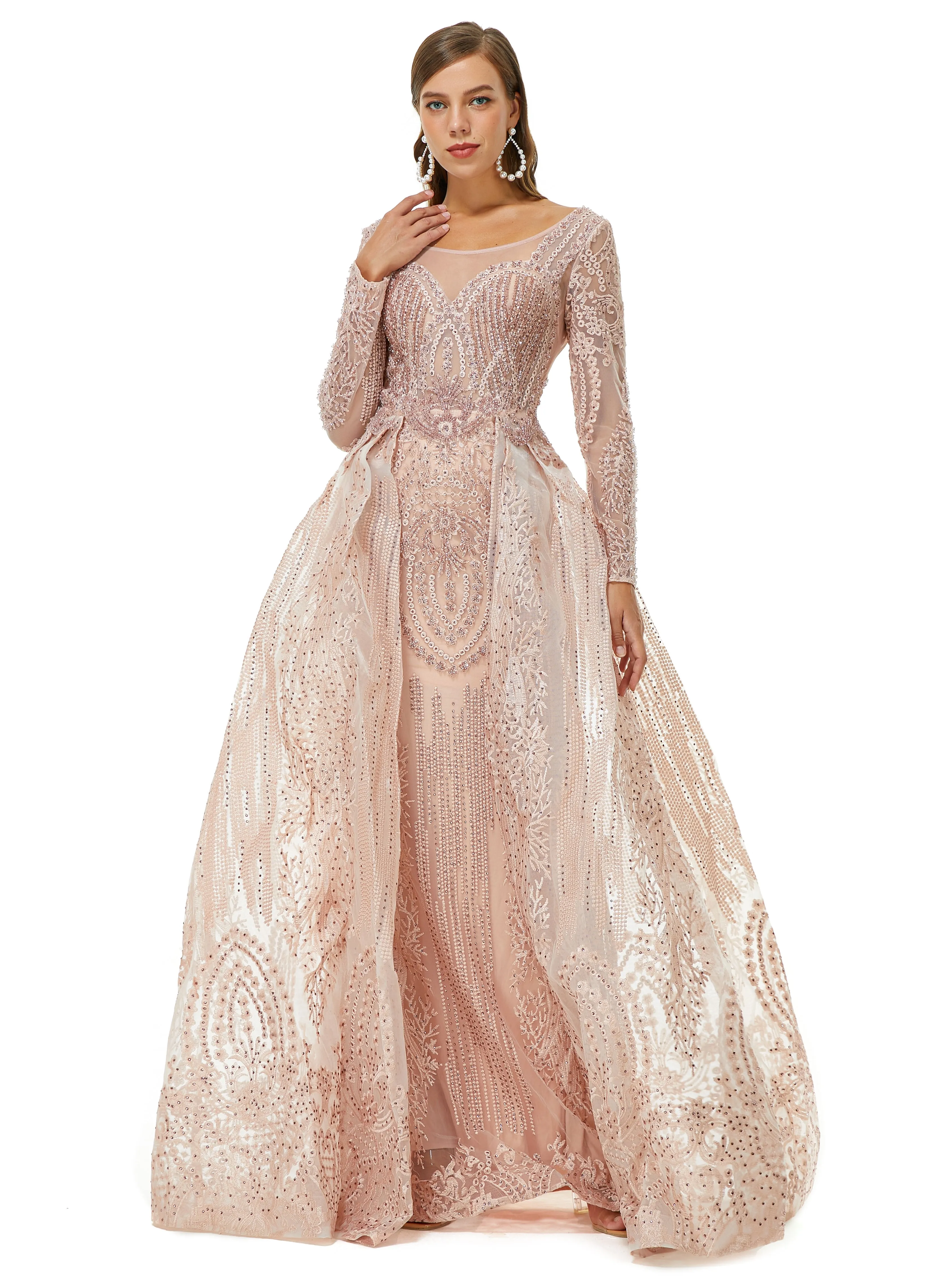 Ballbella Design | Champange Sparkle Beaded Long Sleeves Prom Dresses with Overskirt