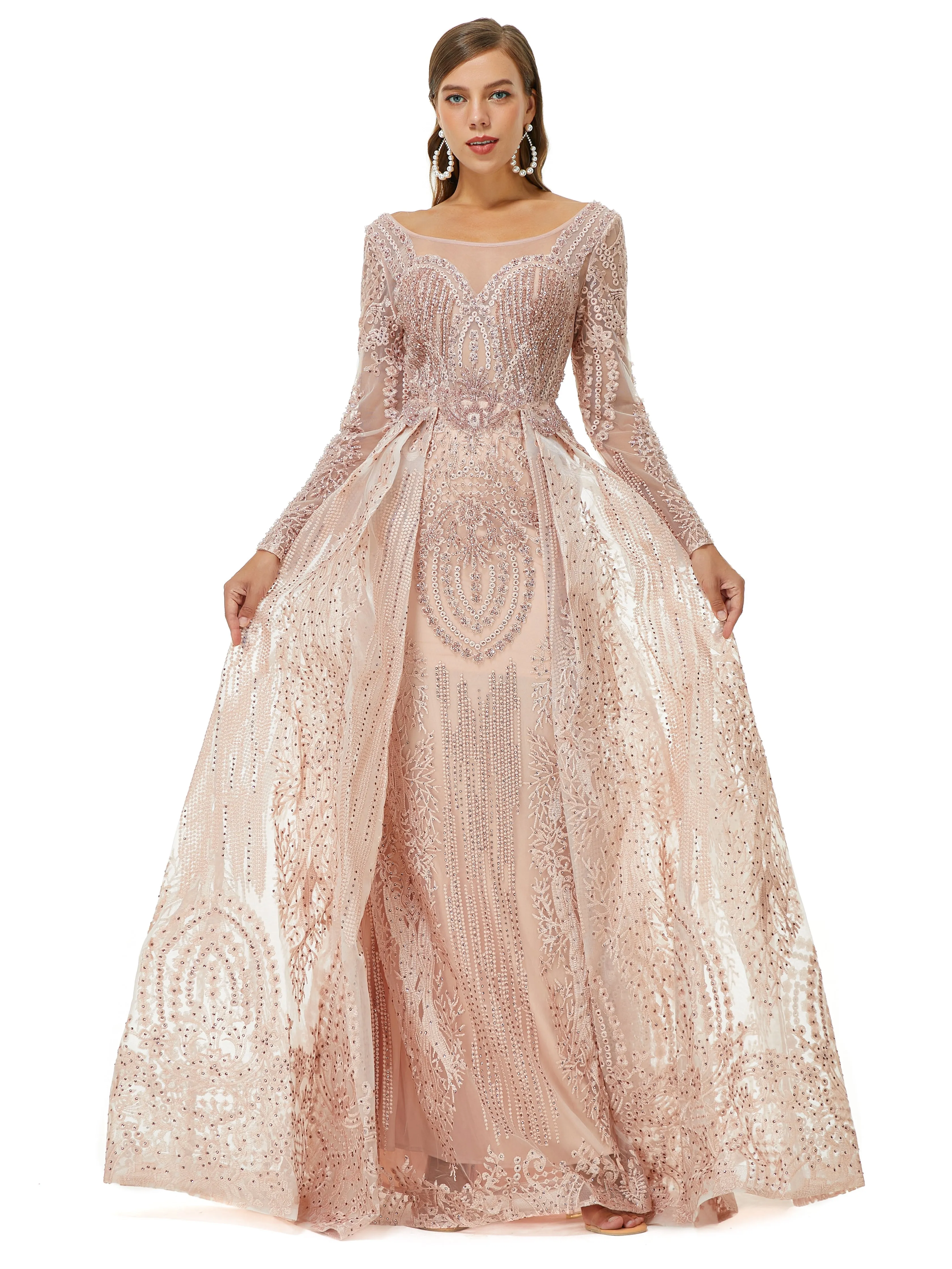 Ballbella Design | Champange Sparkle Beaded Long Sleeves Prom Dresses with Overskirt