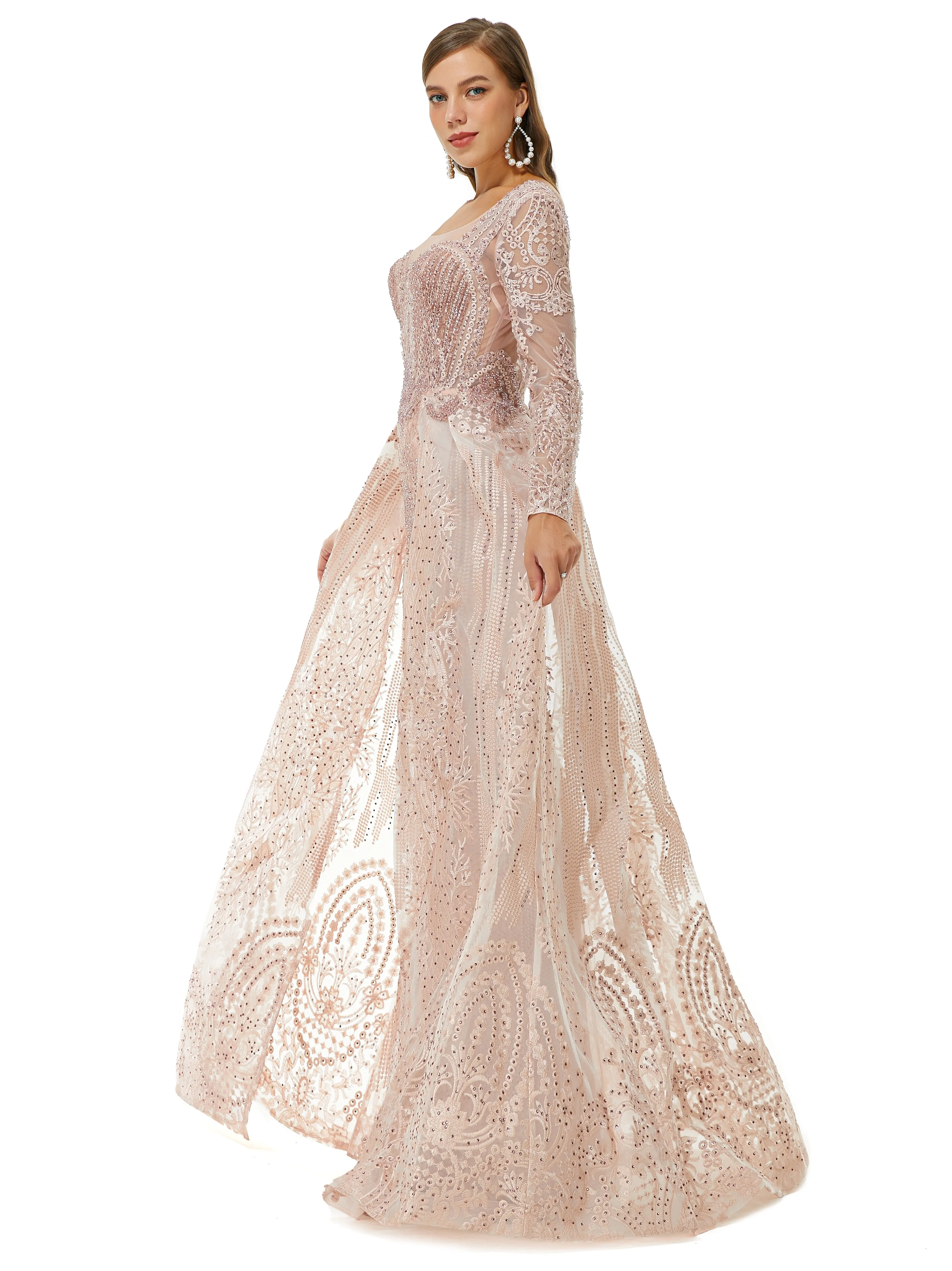 Ballbella Design | Champange Sparkle Beaded Long Sleeves Prom Dresses with Overskirt