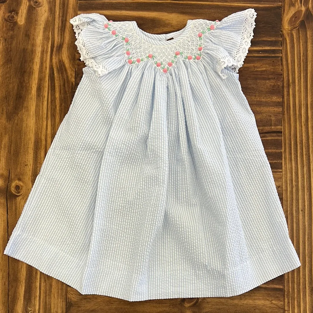 Banana Split Blue Stripe Seersucker Geo Bishop Dress