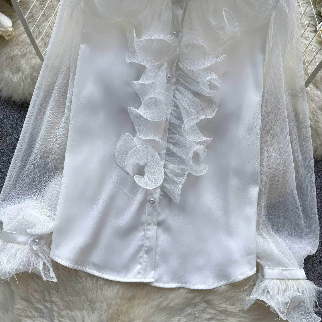 Beaded Ruffled Lantern Sleeves Fringe Blouse