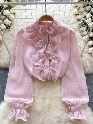 Beaded Ruffled Lantern Sleeves Fringe Blouse