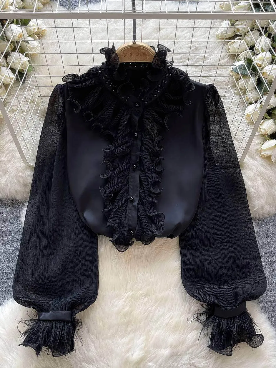 Beaded Ruffled Lantern Sleeves Fringe Blouse