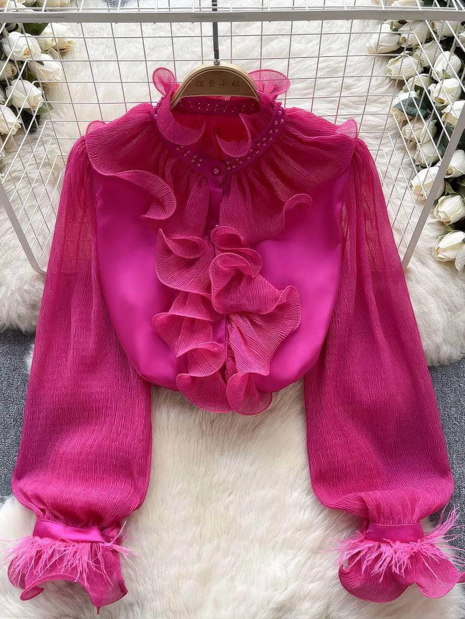 Beaded Ruffled Lantern Sleeves Fringe Blouse