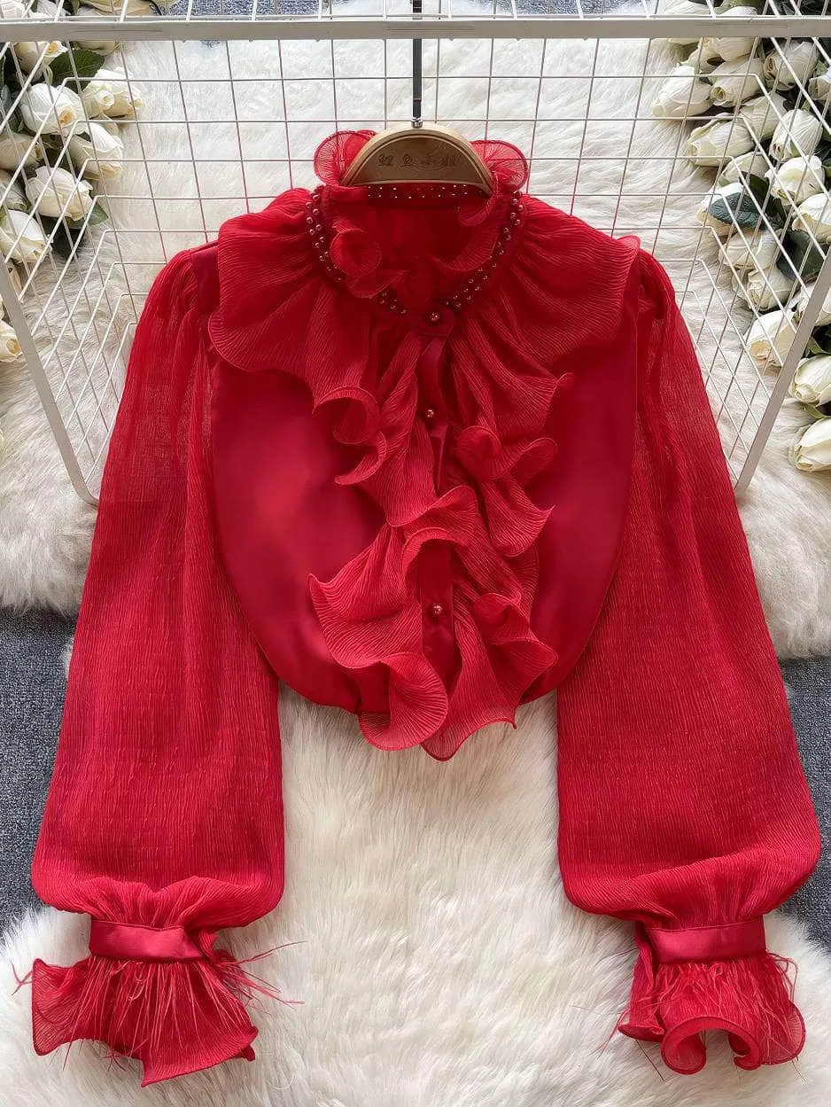 Beaded Ruffled Lantern Sleeves Fringe Blouse