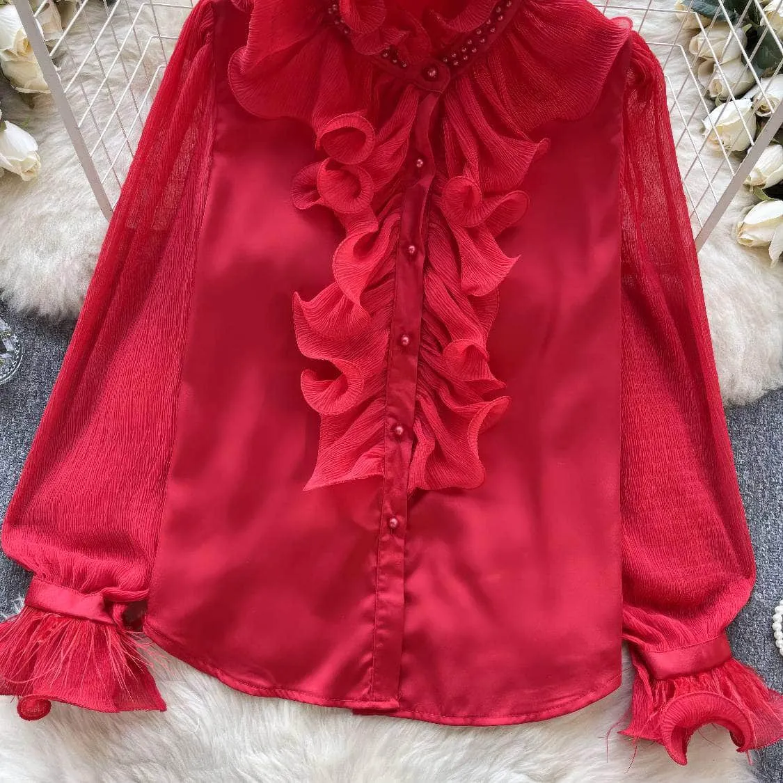 Beaded Ruffled Lantern Sleeves Fringe Blouse