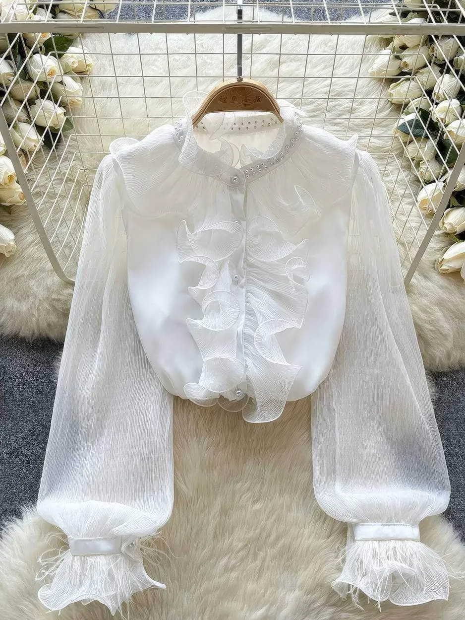 Beaded Ruffled Lantern Sleeves Fringe Blouse