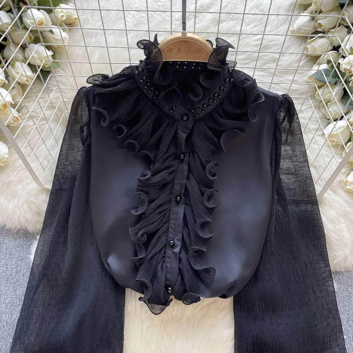 Beaded Ruffled Lantern Sleeves Fringe Blouse