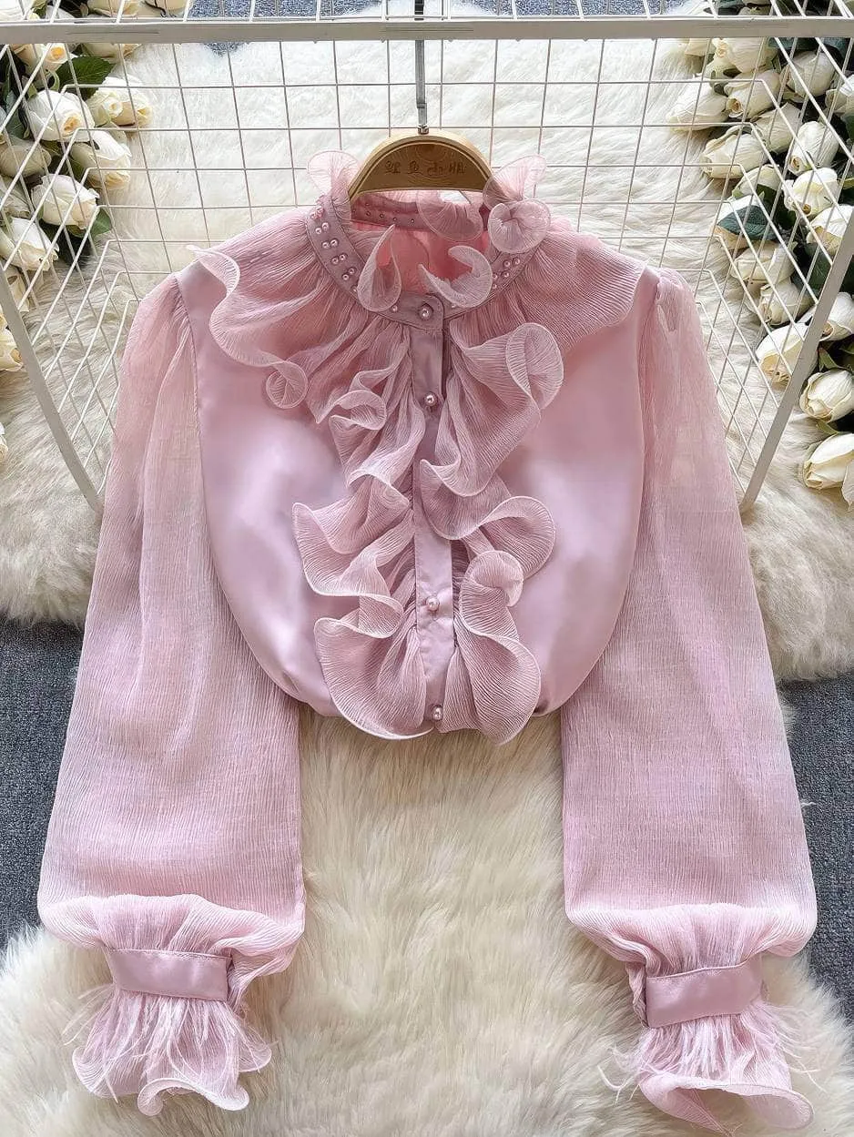 Beaded Ruffled Lantern Sleeves Fringe Blouse