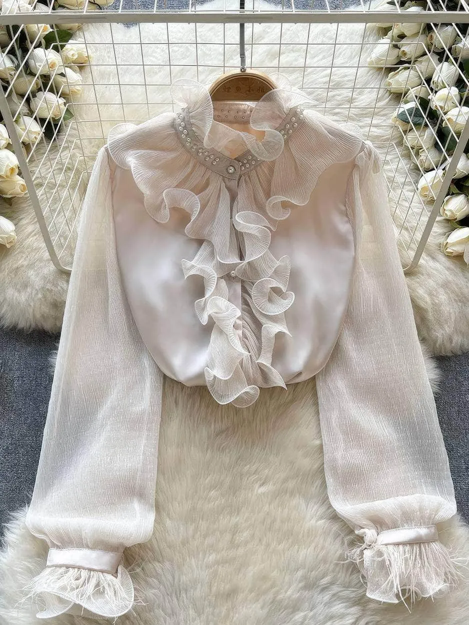 Beaded Ruffled Lantern Sleeves Fringe Blouse