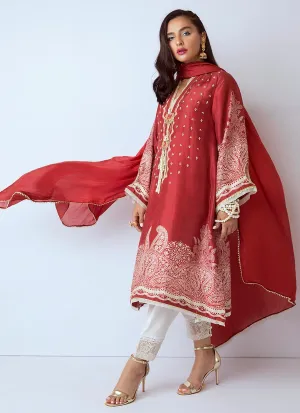Beautiful Pakistani designer silk dress in red color # P2278