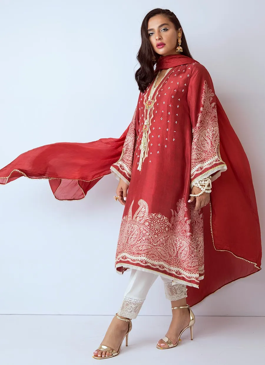 Beautiful Pakistani designer silk dress in red color # P2278