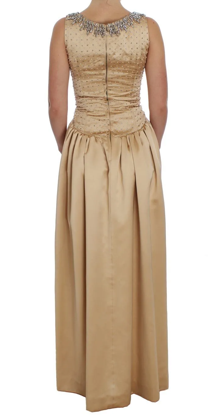 Beige Crystal Embellished Gown Shift Dress