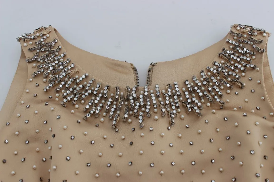 Beige Crystal Embellished Gown Shift Dress