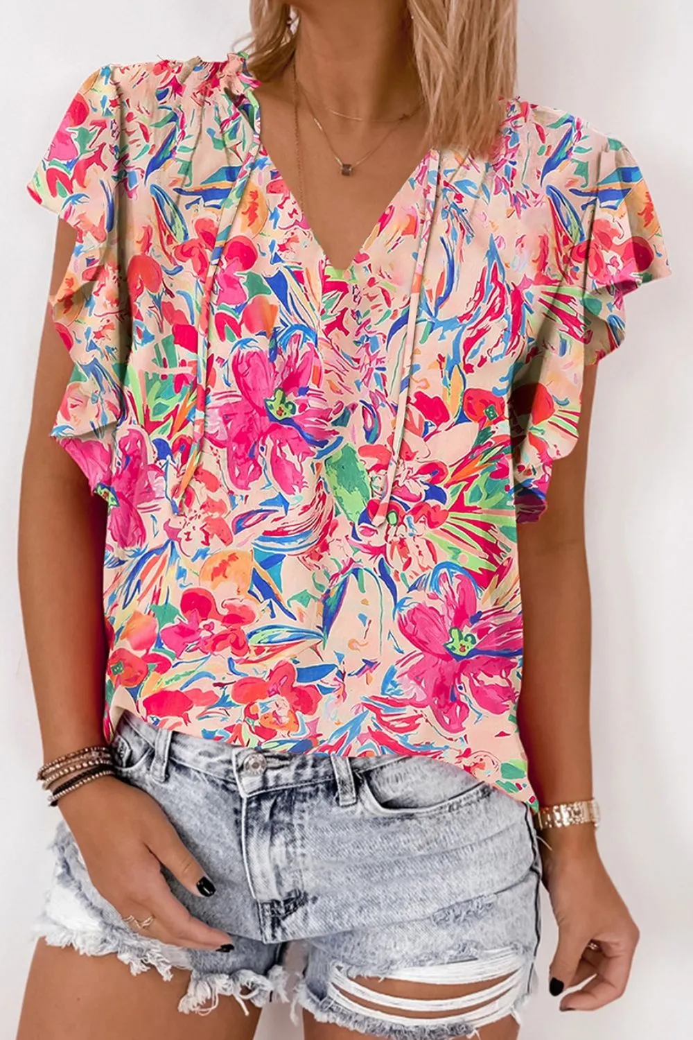Bella Ruffled Printed Tie Neck Cap Sleeve Blouse
