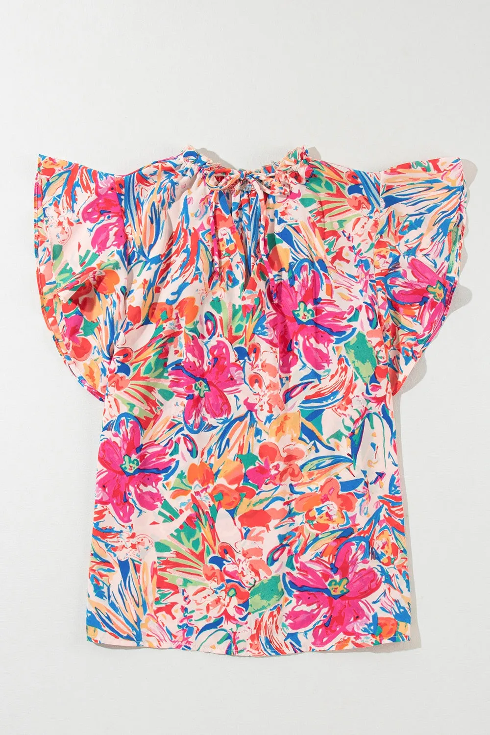 Bella Ruffled Printed Tie Neck Cap Sleeve Blouse