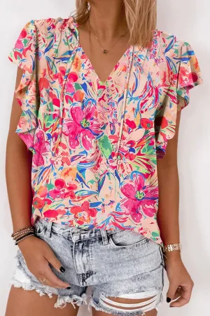 Bella Ruffled Printed Tie Neck Cap Sleeve Blouse